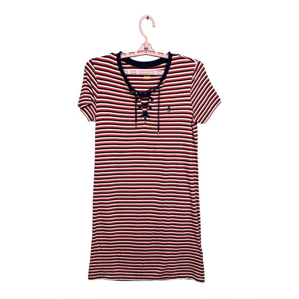 Ralph Lauren Polo T-Shirt Mini Dress Lace Up Front-Striped-Cotton Casual, Size S